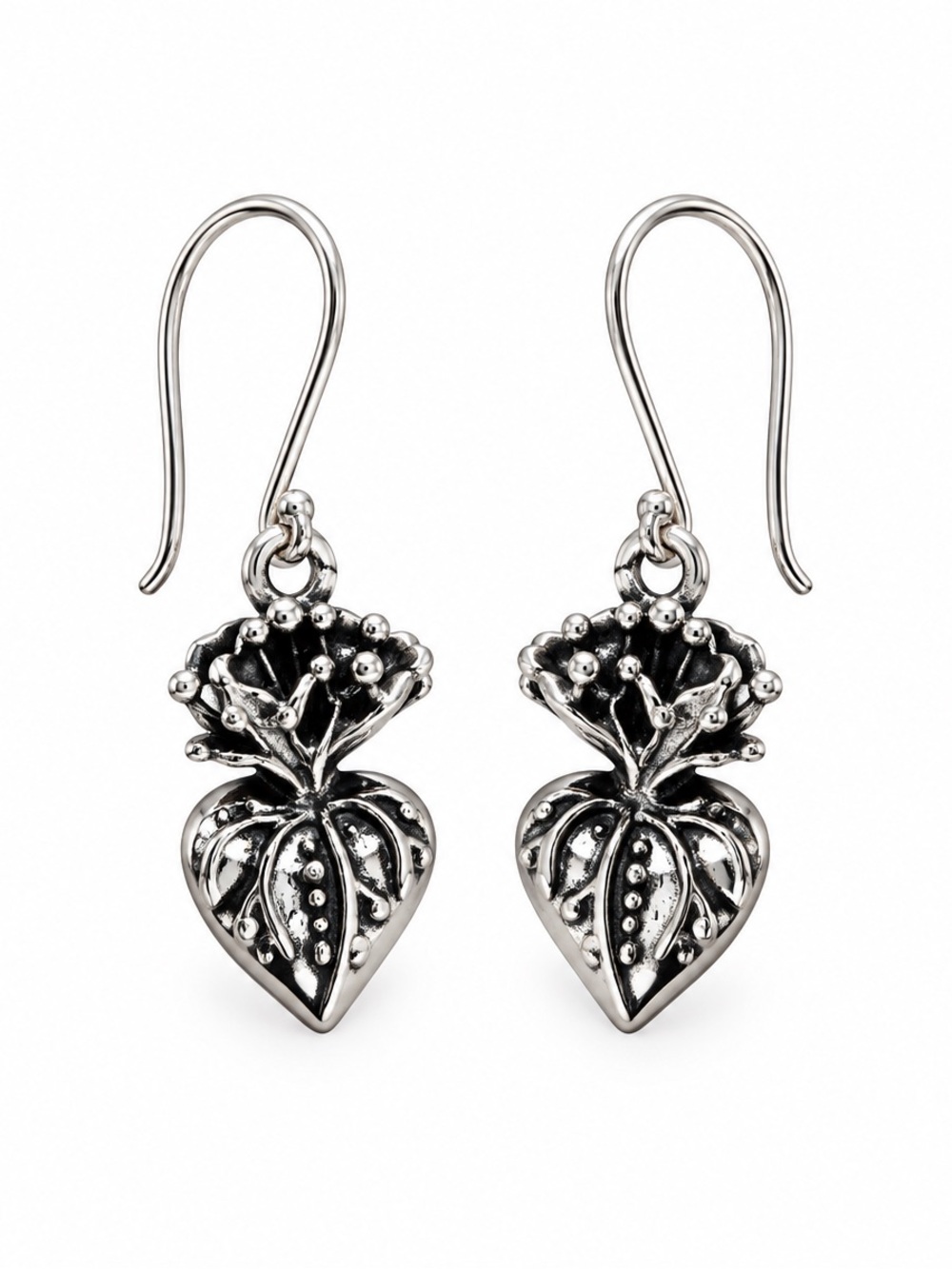 Sterling Silver Floral Heart Drop Earrings - Silver